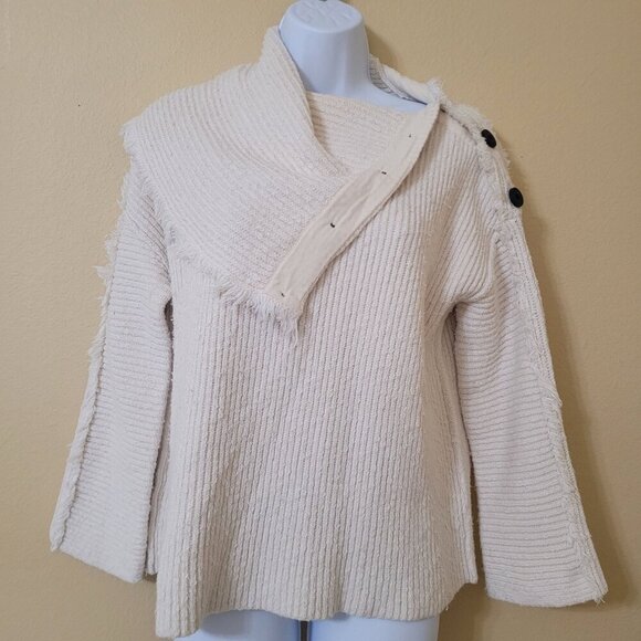 Free People Neutral Chunky Ribbed Knit Fold Over Cowl Neck Button Sweater XS‎ - Picture 6 of 8